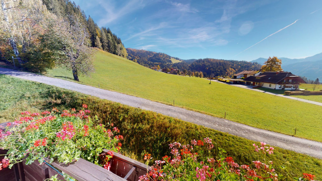 Blick vom Balkon eines Familienzimmers über Blumen und Wiesen