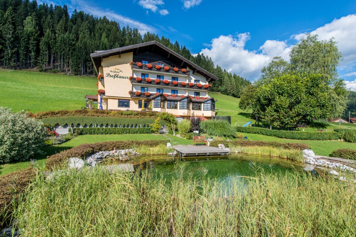 Naturschwimmteich mit Schilf vor dem Berghotel Presslauer im Sommer