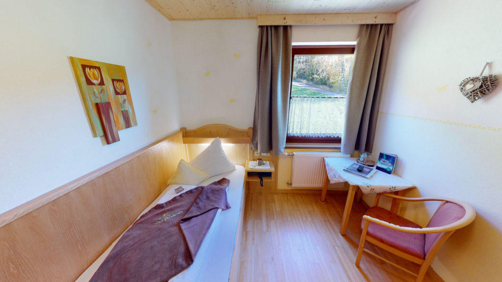 Camera singola senza balcone con letto, scrivania e poltrona