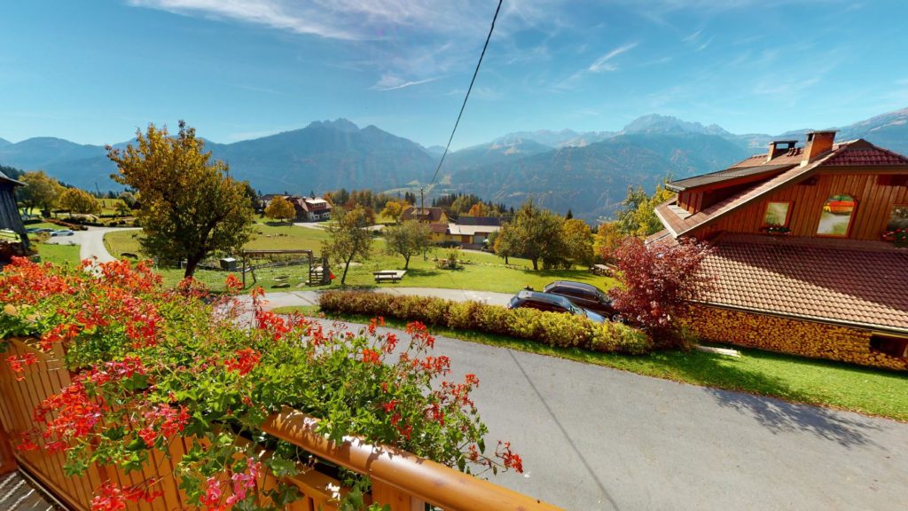 Blick vom Balkon einer Ferienwohnung über Blumenkästen und Wiesen auf die Berge