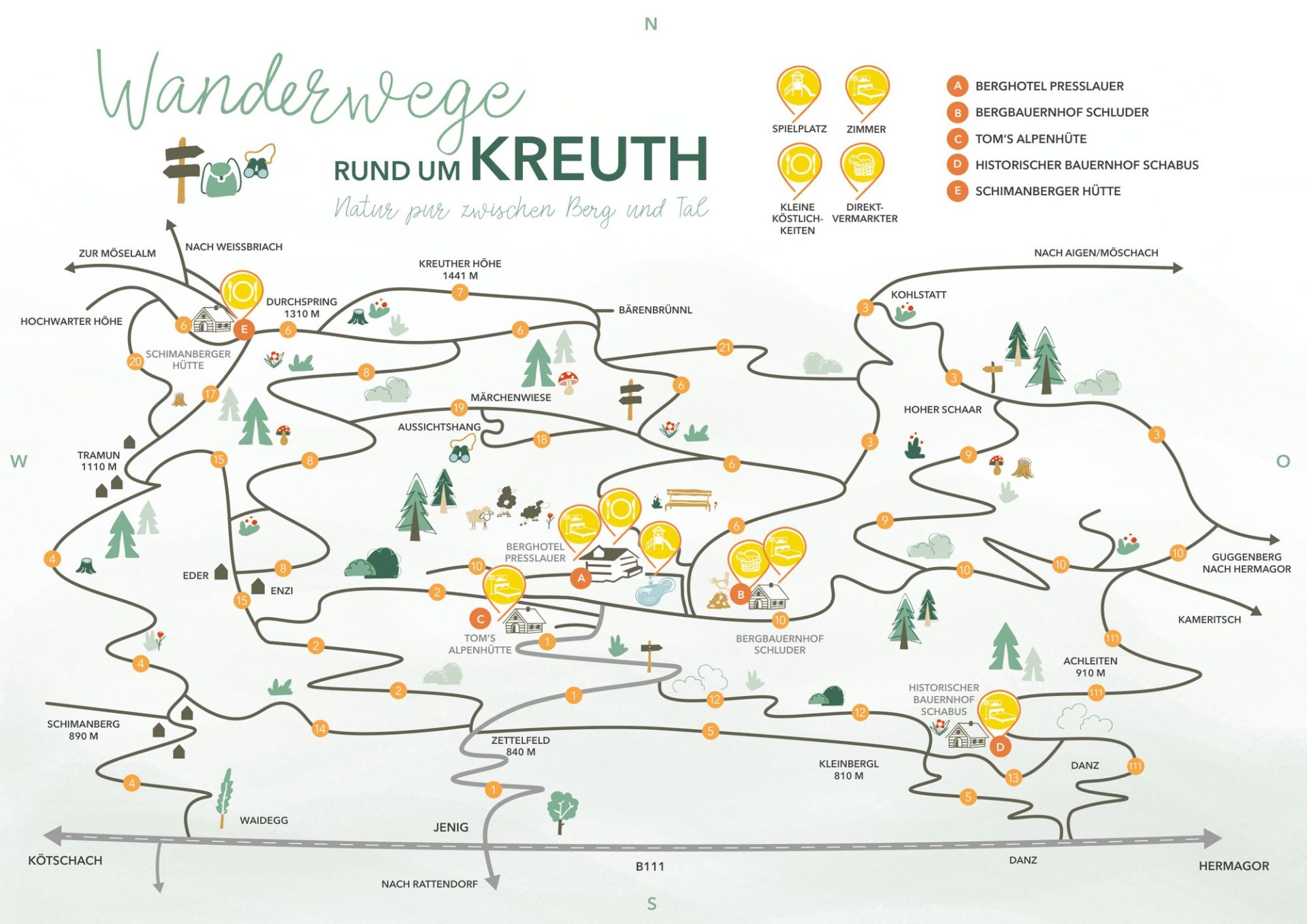Mappa dei sentieri intorno a Kreuth con i percorsi numerati che partono dal Berghotel Presslauer (mappa in lingua tedesca)